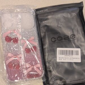 Clear Pink Glitter Cherry iPhone Case with Ribbon Accents